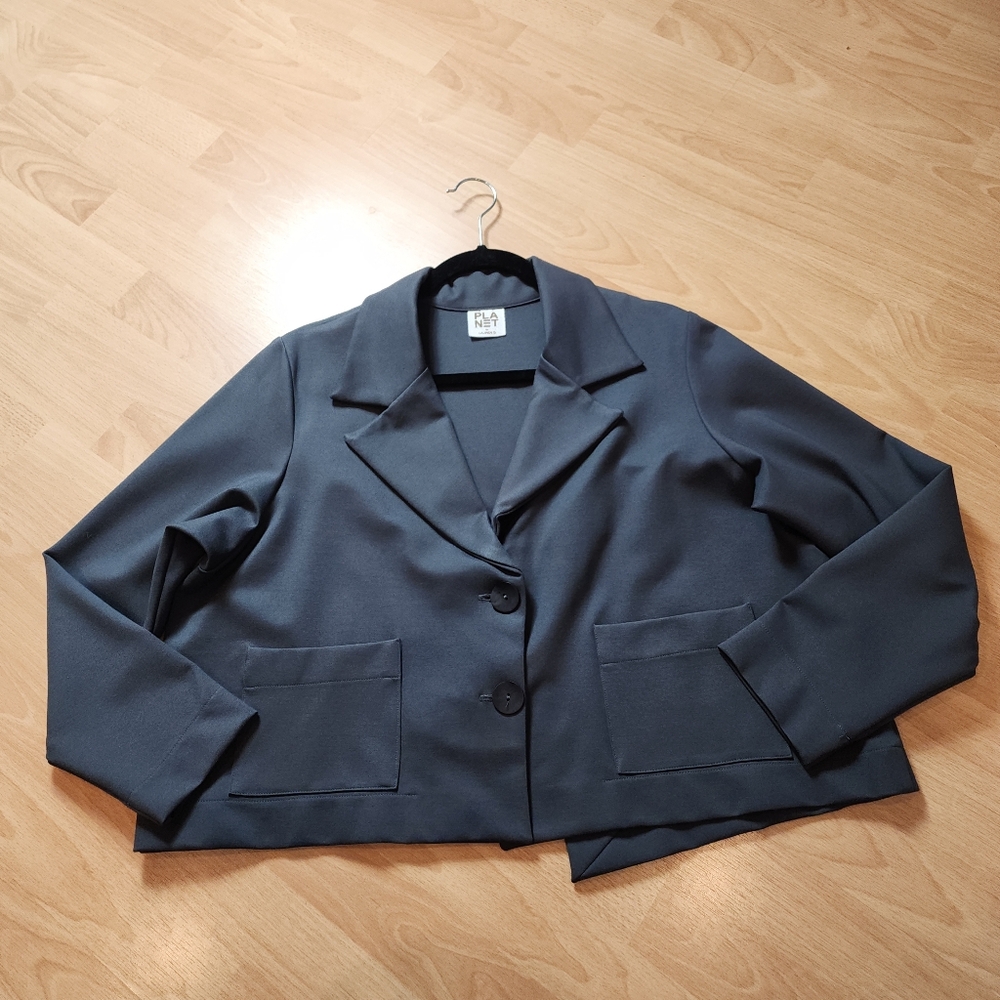 Planet By Lauren G Scuba Ponte Grey Crop‎ Blazer Jacket Split Back Size 3 L/XL